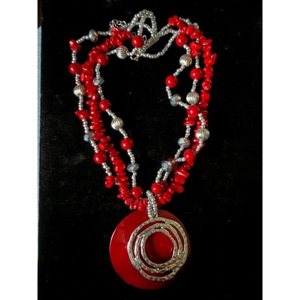 Cherry Red Multi-Strand Shell Pendant Necklace